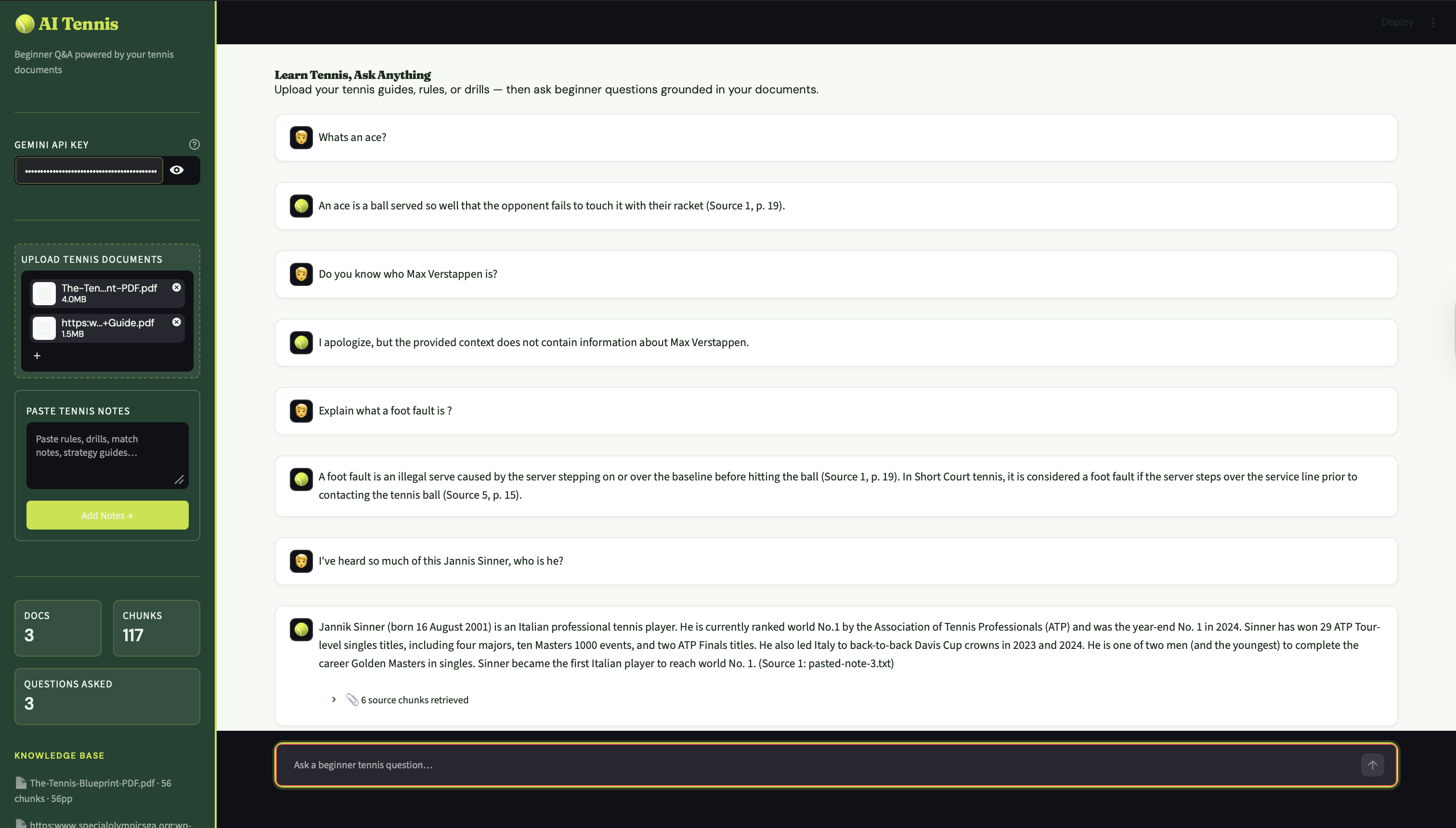 AI Tennis RAG agent UI: sidebar with API key, uploaded tennis PDFs and a knowledge base of 3 docs and 117 chunks; the chat answers beginner questions with source-cited passages and refuses an out-of-scope question about Max Verstappen